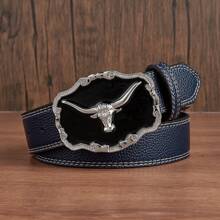 1 pieza Hebilla de metal con cabeza de toro vintage de moda negra para hombre, cinturón estampado en varios colores, accesorio versátil para vaqueros