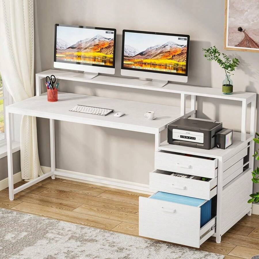 63 Inch Computer Desk With File Drawer Ergonomic Office Desk