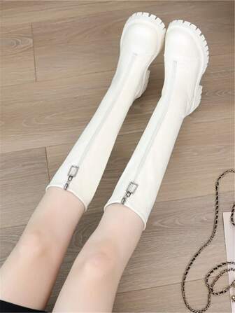 2025 Höst/Vinter Nya Bruna Knähöga Stövlar För Dam, Platta, Överknee, Bred Skaft, Dragkedja Fram, Plusstorlek 43, Bred Vad, Ridstövlar Med Högt Skaft