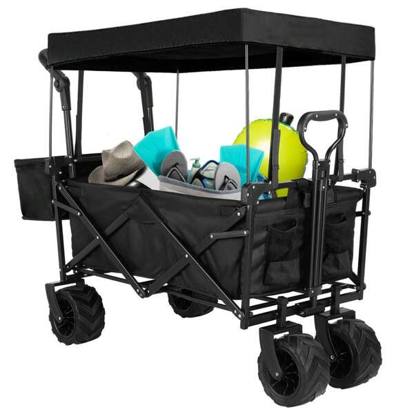 262L Handwagen mit großer Kapazität, Gartenwagen klappbar, bis 113 kg, Strandwagen Transportwagen mit Offroad-Räder, mit Getränkehaltern und Teleskopstange