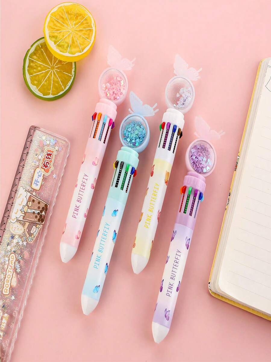 新款创意蝴蝶亮片紫色圆珠笔，一支笔10色，高显色压感多色笔，适合涂鸦，绘画，写日记，色彩鲜艳的可爱女孩多功能学习笔，是送礼的理想选择。 - 彩色 - 查看 1