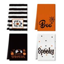 Set de 4 toallas de cocina de Halloween, decoración de cocina de Halloween feliz, toallas de cocina y paños de cocina a rayas con diseño de "TRUCO O TRATO", "ESPELUZNANTE" y "¡BUU!", 40cm x 60cm