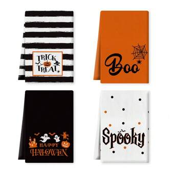 4pcs Kitchen Towel Set, Happy Kitchen Decor, TRICK OR TREAT Spooky BOO Striped Holiday Kitchen Towel & Dishcloth, 40cm X 60cm
