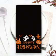 Set de 4 toallas de cocina de Halloween, decoración de cocina de Halloween feliz, toallas de cocina y paños de cocina a rayas con diseño de "TRUCO O TRATO", "ESPELUZNANTE" y "¡BUU!", 40cm x 60cm