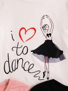 3pcs/Set Girls Valentine's Day Portrait, Letter, & Ballet Dancer Graphic Print Tops - Multicolor - View 4
