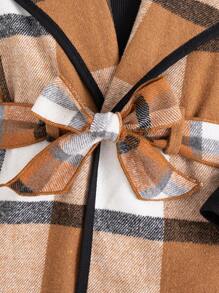 Young Girl Casual Plaid Lapel Sleeveless Long Top Jacket & Solid Ribbed Turtleneck Long Sleeve Top And Pants Set & Belt - Brown - View 8