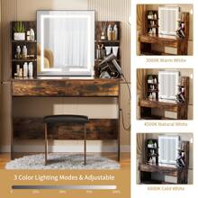 VOWNER Makeup Vanity Desk With Outlet, LED Lighted Mirror Brightness & Color Adjustable, 4 Shelves, 2 Drawers And Stool, For Girls Women - 質樸棕色 - 查看 4
