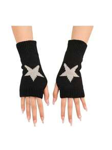 1 双针织保暖内衬半指几何五角星图案无指冬季手套，男女通用 - 彩色 - 查看 8