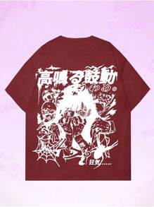 VAIDE Streetwear T-Shirt Printed Anime Trash Cartoon Loose Short Sleeve Oversized Unisex Drop Shoulder Life Style Aesthetic Unisex - 紅色 - 查看 2