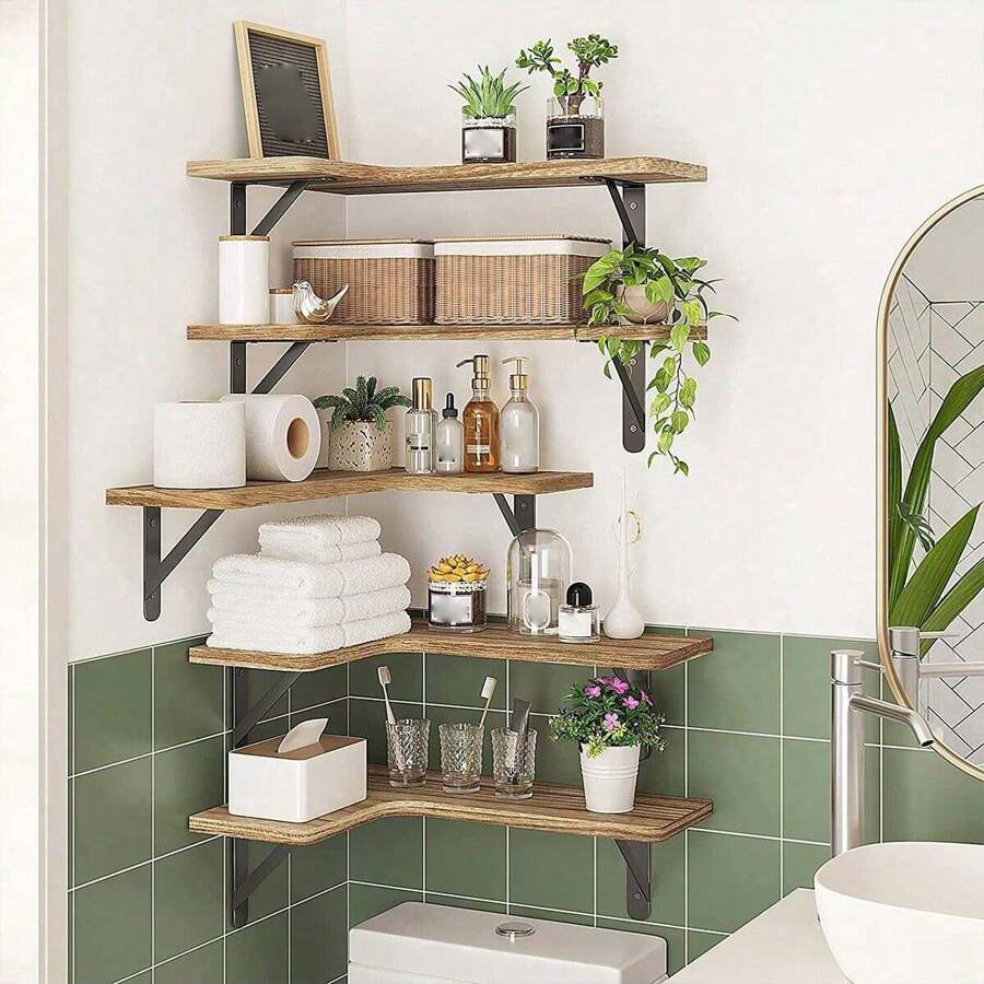 1 kệ tường nổi, giá để đồ góc, kệ gỗ, khung kim loại, kệ trang trí cho phòng khách, phòng tắm, nhà bếp, giá trưng bày gắn tường - Xem 1