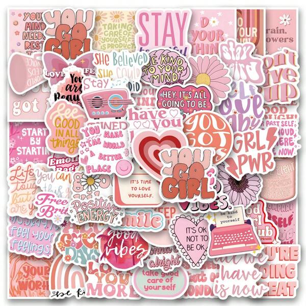 60 pièces paquet d'autocollants roses inspirants | Autocollants roses positifs cool de graffitis vinyl pour scrapbooking, journalisation, ordinateur portable, pare-chocs, planche à roulettes, bouteilles d'eau, ordinateur, téléphone, dessin animé, casque, autocollants de voiture