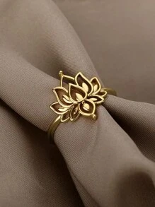 1pc Vintage Lotus Flower Ring, Women's Gold Stainless Steel Floral Ring, Wedding Couple Ring, Elegant Jewelry, Gift For Valentine's Day, Mother's Day - Flower - View 3