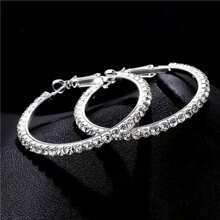 1pair Shiny Crystal Big Circular Hoop Earrings For Women, Silver & Colorful Round Rhinestone Jewelry Party Gift