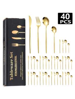 4/16/24/32/40pcs Portuguese Stainless Steel Knife Fork Spoon Steak Cutlery Set, Suitable For Kitchen, Restaurant, Hotel, Wedding, Party, Holiday Gift,School Supplies