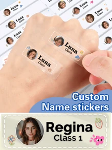 60pcs Customize Photo Personalized Name Stickers, Customizable Class Transparent Waterproof PVC Stickers, Self-Adhesive Labels, Perfect Learning Supplies For Holiday Office Innovation And Handicraft Challenges Adhesive Exquisite, Cute, Adorable, Colorful, Cartoon Custom, Personalized, Unique Ideal Gifts For Him Her, Family, Friends, Son, Daughter, School Students, Kids For Children's Day, For Birthdays School, Home, Multi-Functional, For Father's Day, For Graduation, For Weddings, For Housewarming,Warm Ambience,Winter Grace