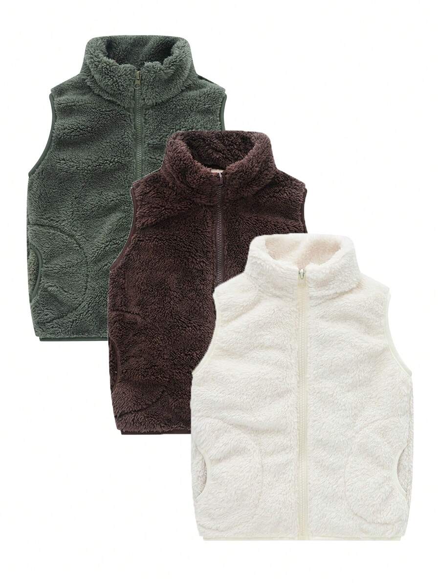 3件套男童可爱运动休闲时尚简约舒适抓绒高领保暖防风背心，春秋冬季 - 彩色 - 查看 1