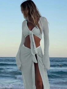 Women Vacation Cropped Top And Wrap Skirt 2pcs Set Summer - White - View 4