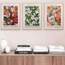 3pcs Frameless Decorative Painting Flower Market Canvas Wall Art Poster, Amsterdam Berlin San Francisco Flower City, Portrait Orientation, Living Room Decoration Indoor Canvas Print 15.75x23.62 Inches Modern Art Piece