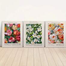 3pcs Frameless Decorative Painting Flower Market Canvas Wall Art Poster, Amsterdam Berlin San Francisco Flower City, Portrait Orientation, Living Room Decoration Indoor Canvas Print 15.75x23.62 Inches Modern Art Piece