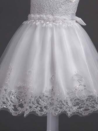 Tween Girl Lace Trim Bow Tulle Formal Dress, Princess Gown For Wedding, Graduation Ceremony, Seasons