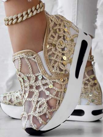 Women Sequined Mesh Slip-On Platform Sneakers, Metallic Glitter Thick Sole Sports Shoes, Gold Casual Shoes For Autumn Winter, Party Wedding Student