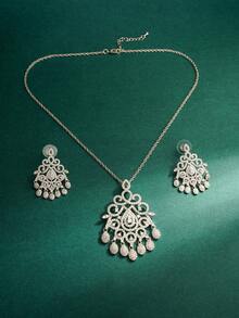 2pcs White Zirconia Waterdrop Shaped Jewelry Set: Necklace And Earrings, Bridal Wedding Dress Accessories, Middle Eastern Dubai Style, Valentine's Day Gift