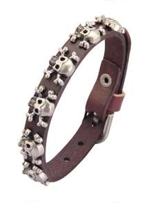 1條合金製男士骷髏形手鐲,朋克風格,設有星星和皮革帶,古色古香的銀色 - 酒紅色 - 查看 14