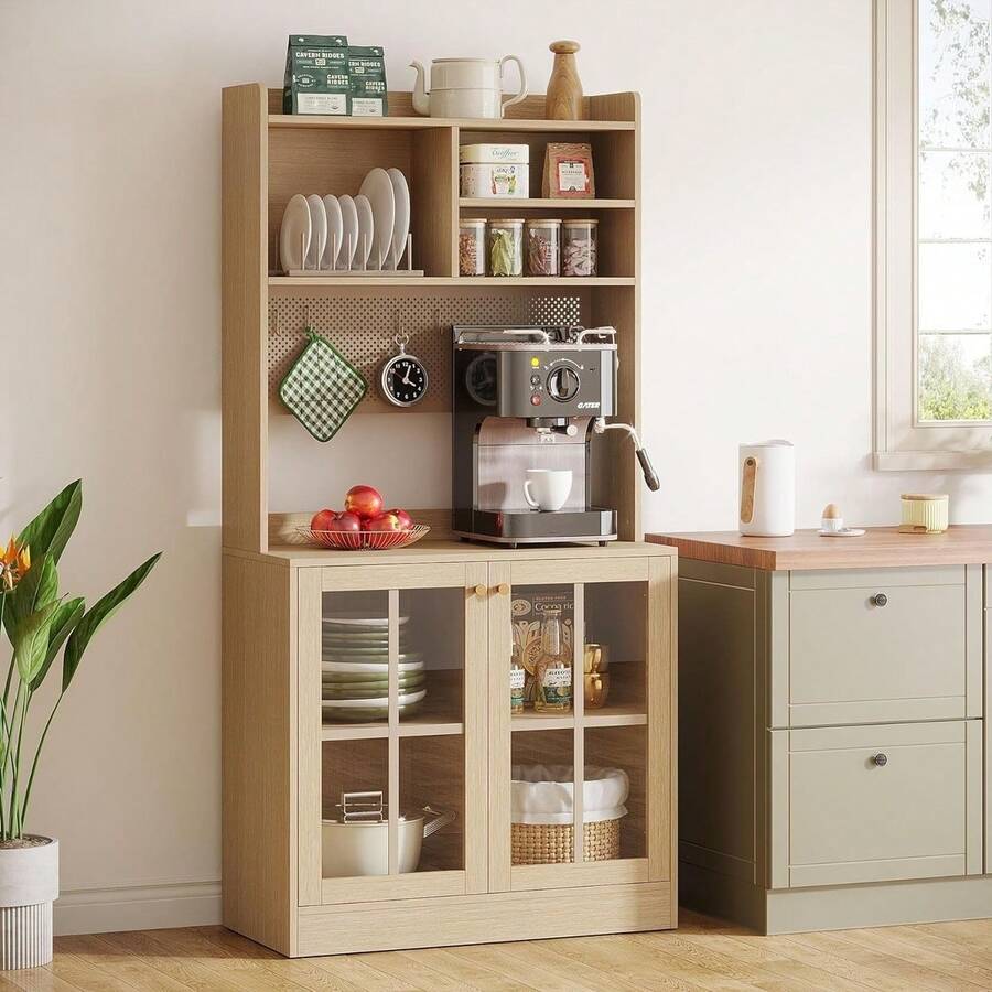 Tribesigns 70.8 Inch Kitchen Pantry Cabinet Microwave Hutch Tempered ...