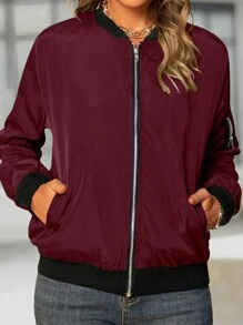 Women's Fashionable Baseball Collar Zip-Up Lightweight Jacket, Spring/Summer Elegant - Red - View 4