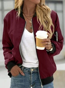 Women's Fashionable Baseball Collar Zip-Up Lightweight Jacket, Spring/Summer Elegant - Red - View 2