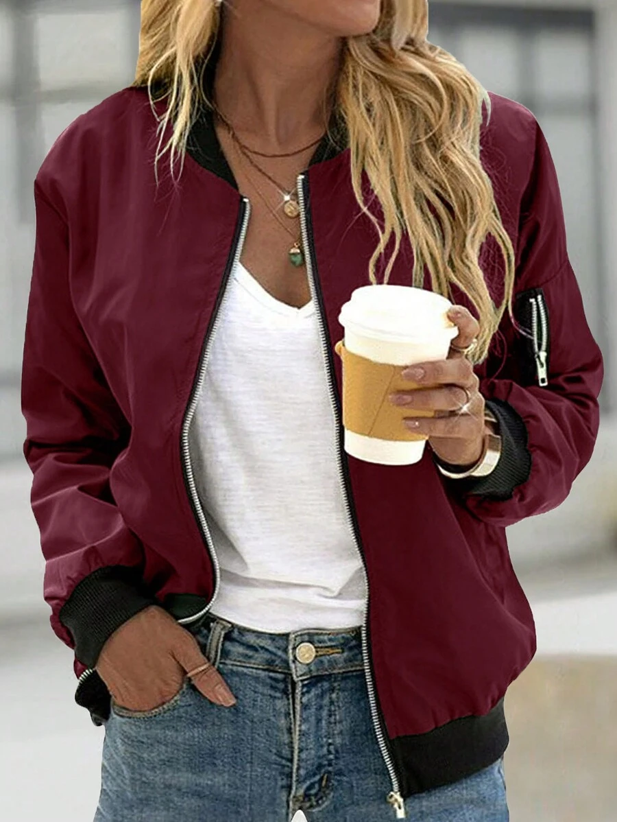 Jaket Ringan Wanita Kasual Berkerah Baseball dengan Resleting, Warna Merah Elegan untuk Musim Semi/Gugur - Merah - View 1