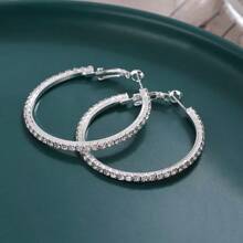 1pair Shiny Crystal Big Circular Hoop Earrings For Women, Silver & Colorful Round Rhinestone Jewelry Party Gift