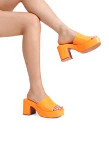 Women Minimalist Square Toe Chunky Platform Heeled Mule Sandals Elegant Slip On Square Open Toe Heeled Sandals For Outgoing School Party Prom