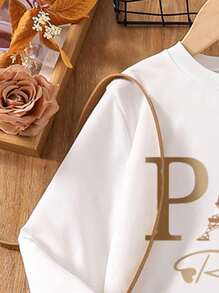 Tween Girls Letter Print Long Sleeve Top And Solid Color Pleated Skirt