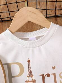 Tween Girls Letter Print Long Sleeve Top And Solid Color Pleated Skirt