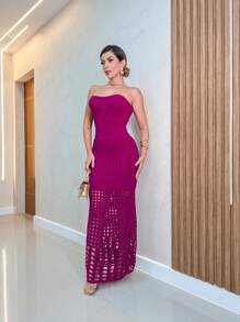 Long Midi Modal Knit Laise Strapless Summer Dress - 玫瑰紅 - 查看 2
