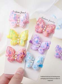 12pcs/Set Baby Girls' Candy Color Textured Sequin Pearl Butterfly Double-Layer Hairband Elastic Hair Ties For Daily Use - Multicolor - View 7