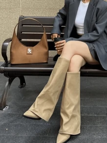 2024 Fashionable Versatile Chunky Heel Riding Boots, Pointed Toe High Shaft Boots, Retro European Style Slouch Boots For Women - Apricot - View 3