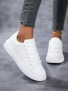 Scarpe da skate casual leggere e versatili da donna, con punta tonda bianca, traspiranti e con lacci, stile campus