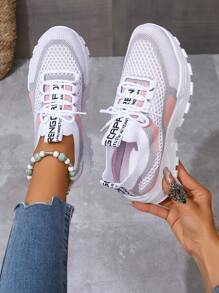 Women's Fashion Gradient Color Sneakers, Thick Sole Increase Height Lace-Up Casual Shoes, Versatile Vulcanized Shoes, Mesh Breathable Running Shoes, Non-Slip Hiking Shoes, Suitable For Gym, Outdoor Running, Sports Activities, All Season - Pink - View 6