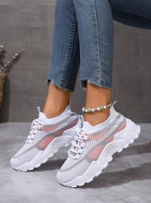 Women's Fashion Gradient Color Sneakers, Thick Sole Increase Height Lace-Up Casual Shoes, Versatile Vulcanized Shoes, Mesh Breathable Running Shoes, Non-Slip Hiking Shoes, Suitable For Gym, Outdoor Running, Sports Activities, All Season - Pink - View 7