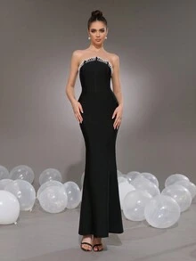 Modphy Black Strapless Pearl Mermaid Maxi Bandage Dress, Bridesmaid Gown For Wedding, Party, Formal Evening Dress, Elegant Prom Dress, For Wedding Guest, Graduation, Dinner