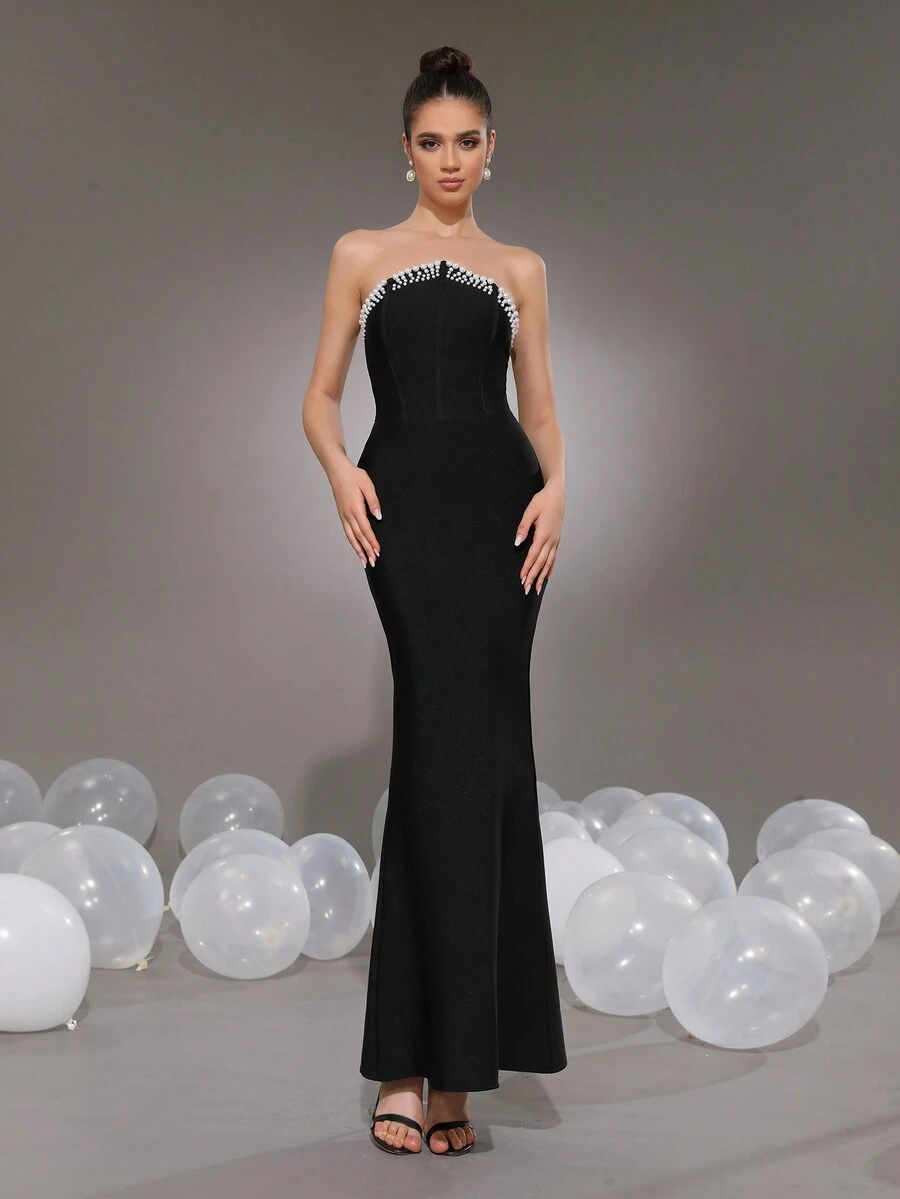 Modphy Black Strapless Pearl Mermaid Maxi Bandage Dress, Bridesmaid Gown For Wedding, Party, Formal Evening Dress, Elegant Prom Dress, For Wedding Guest, Graduation, Dinner