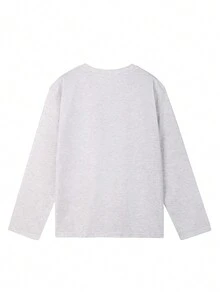 Women's Casual Letter Print Round Neck Oversized Cute Girl Long Sleeve T-Shirt, Versatile For Autumn/Winter - Light Grey - View 5