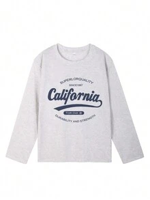Women's Casual Letter Print Round Neck Oversized Cute Girl Long Sleeve T-Shirt, Versatile For Autumn/Winter - Light Grey - View 4