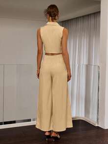 Sollinarry Women's New Fashion Vest And Loose Pleated Pants Two-Piece Casual Outfit, Suitable For Western, Office, Brunch, Music Festival, Spring/Summer - Khaki - View 2