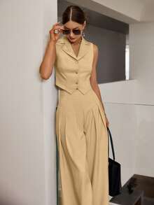Sollinarry Women's New Fashion Vest And Loose Pleated Pants Two-Piece Casual Outfit, Suitable For Western, Office, Brunch, Music Festival, Spring/Summer - Khaki - View 1
