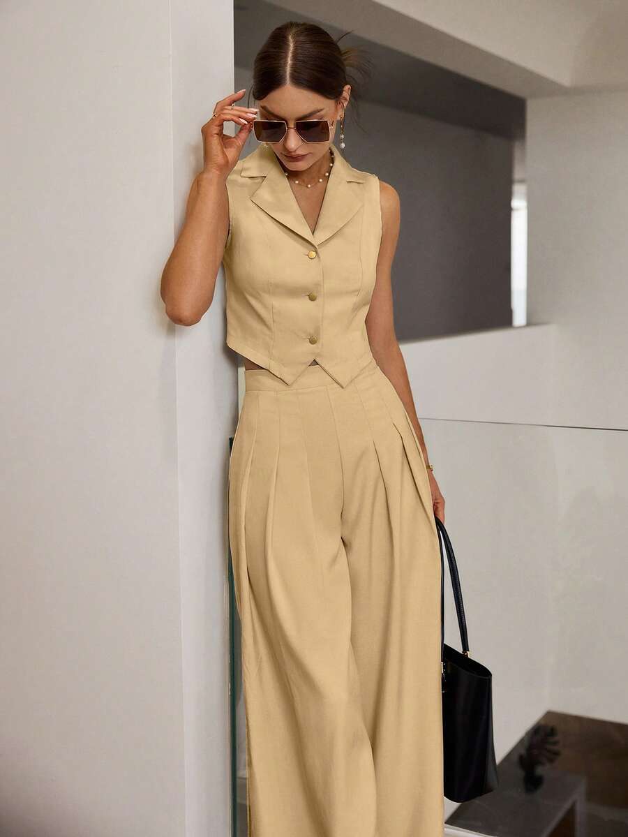 Sollinarry Women's New Fashion Vest And Loose Pleated Pants Two-Piece Casual Outfit, Suitable For Western, Office, Brunch, Music Festival, Spring/Summer - Khaki - View 1