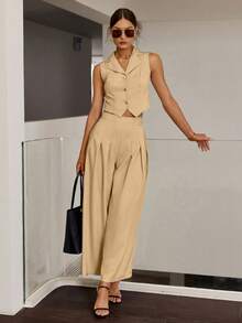 Sollinarry Women's New Fashion Vest And Loose Pleated Pants Two-Piece Casual Outfit, Suitable For Western, Office, Brunch, Music Festival, Spring/Summer - Khaki - View 3