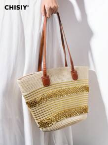 CHISIY Handmade Rattan Shoulder Bag, Elegant Woven Straw Tote Bag, Casual Vintage Fashion Spring/Summer Beige Backpack, Versatile Designer Affordable Large Capacity Practical Modern Handcrafted Tote For Work, Shopping, Travel, Dating, Weekend, Suitable For Women, Fashionista, Commuter, Valentine's Day, Mother's Day, Birthday, Anniversary, Graduation - Gold - View 3